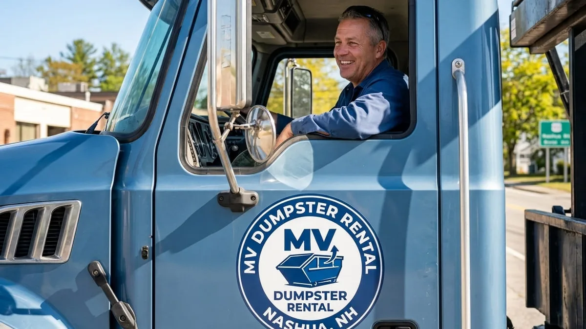 Roll-off dumpster rental in Hudson, NH delivered by MV Dumpster Rental Nashua Roll-off dumpster rental in Hudson, NH delivered by MV Dumpster Rental Nashua