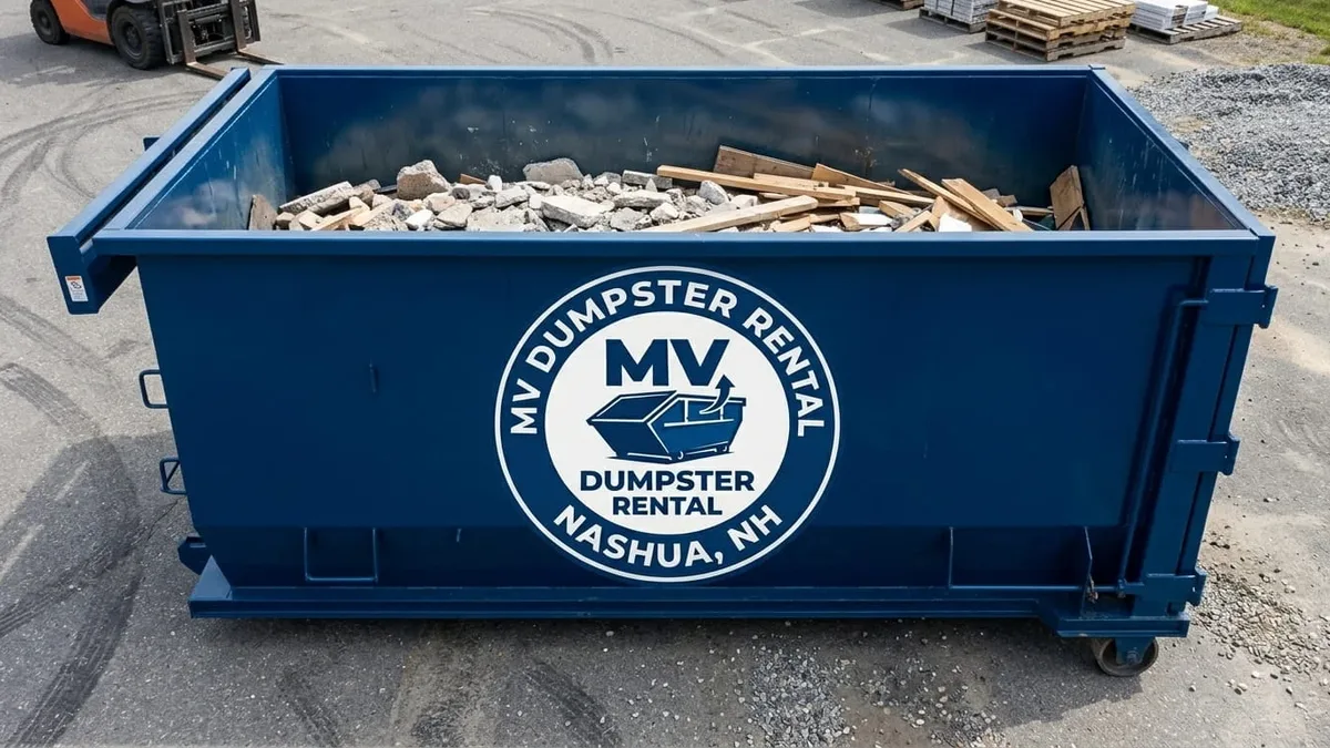 Roll-off dumpster rental in Windham, NH delivered by MV Dumpster Rental Nashua Roll-off dumpster rental in Windham, NH delivered by MV Dumpster Rental Nashua