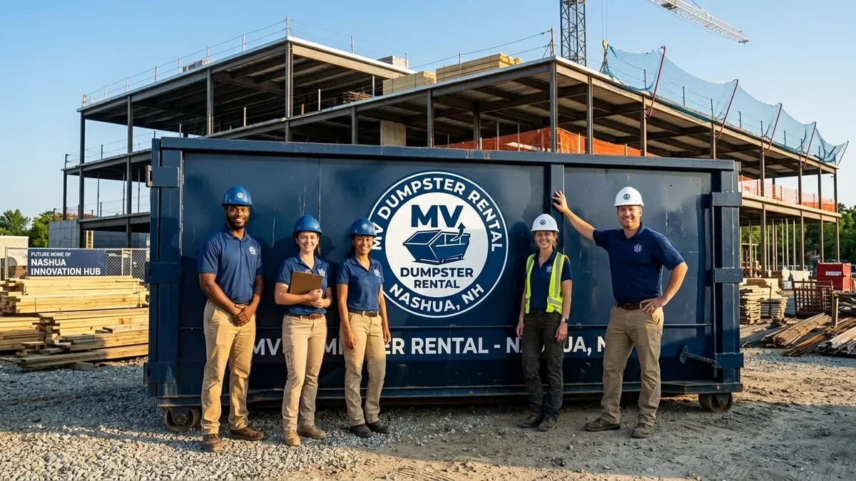 The MV Dumpster Rental Nashua team and fleet in Nashua, New Hampshire The MV Dumpster Rental Nashua team and fleet in Nashua, New Hampshire